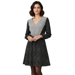 H&M Fit & Flare V-Neck Dress Size 8 - Black White Speckle Print Long Sleeve Mini